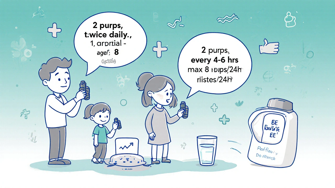 Adult, teen, and child with inhalers showing dosage info, peak flow meter, and side‑effect icons.