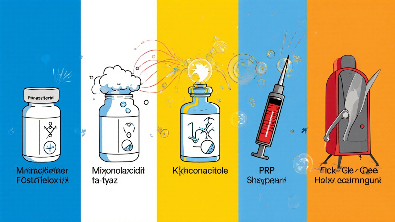 Cartoon collage of Finasteride, Dutasteride, Minoxidil, spironolactone, shampoo, laser, PRP, and transplant tools.