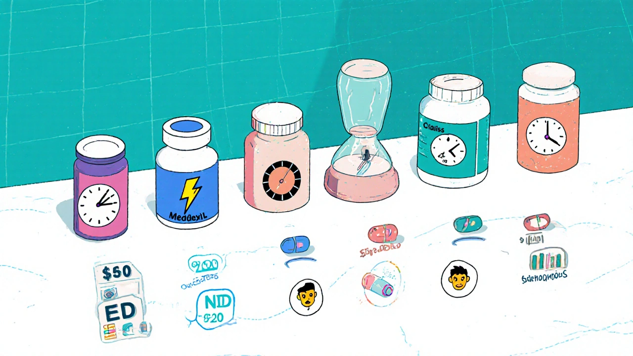 Cartoon comparison chart of five ED pills showing onset, duration, price, and side effects.