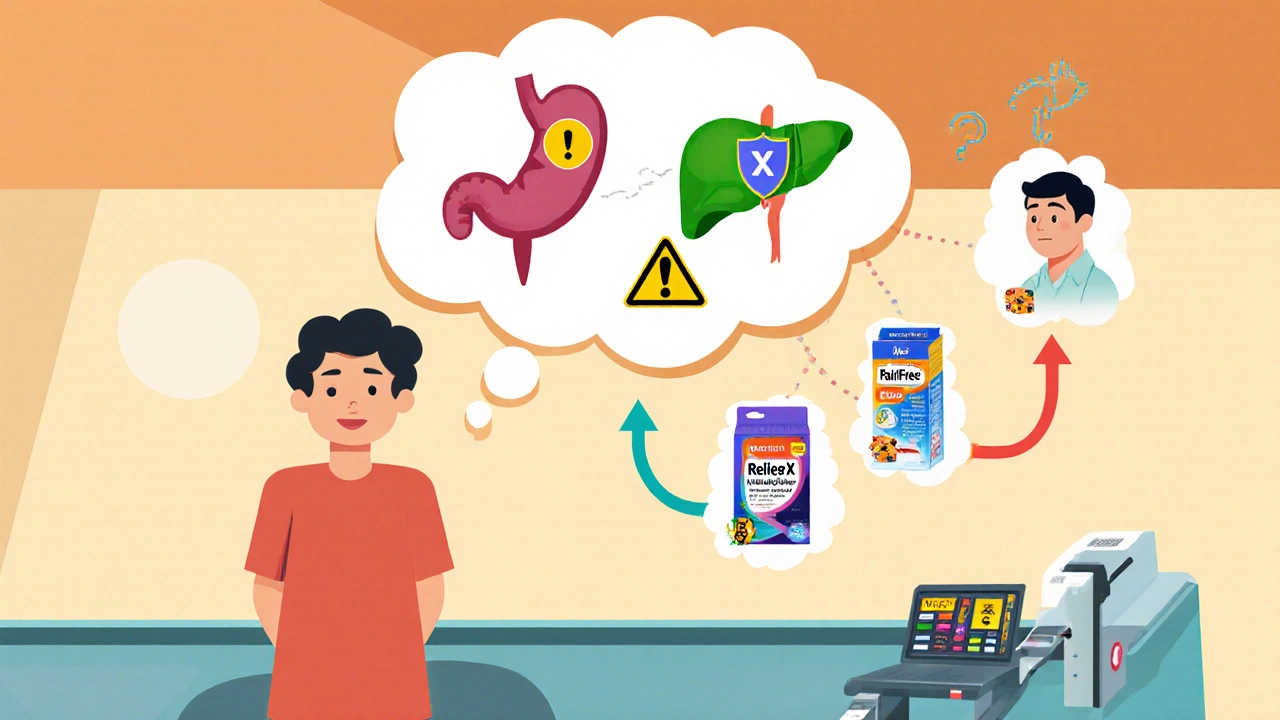Cartoon flowchart showing a shopper choosing a pain reliever based on stomach, liver, migraine, and price factors.