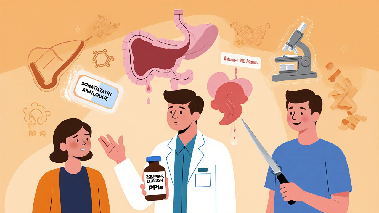 Cartoon of doctor treating Zollinger‑Ellison syndrome with PPIs, surgery, and research symbols.
