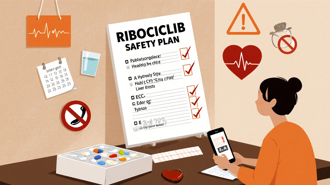 Cartoon patient with safety checklist for ribociclib monitoring and warning icons.