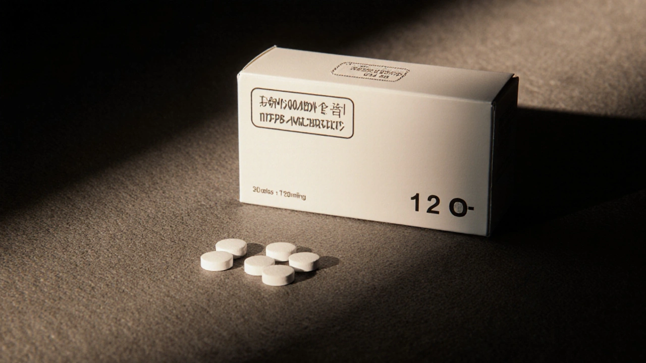 Close‑up of medication box with seal and tablets under warm spotlight.