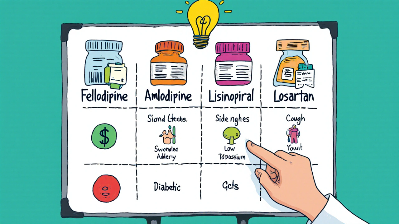 Colorful hand-drawn comparison table of five blood pressure medications with icons for cost, side effects, and ideal users.