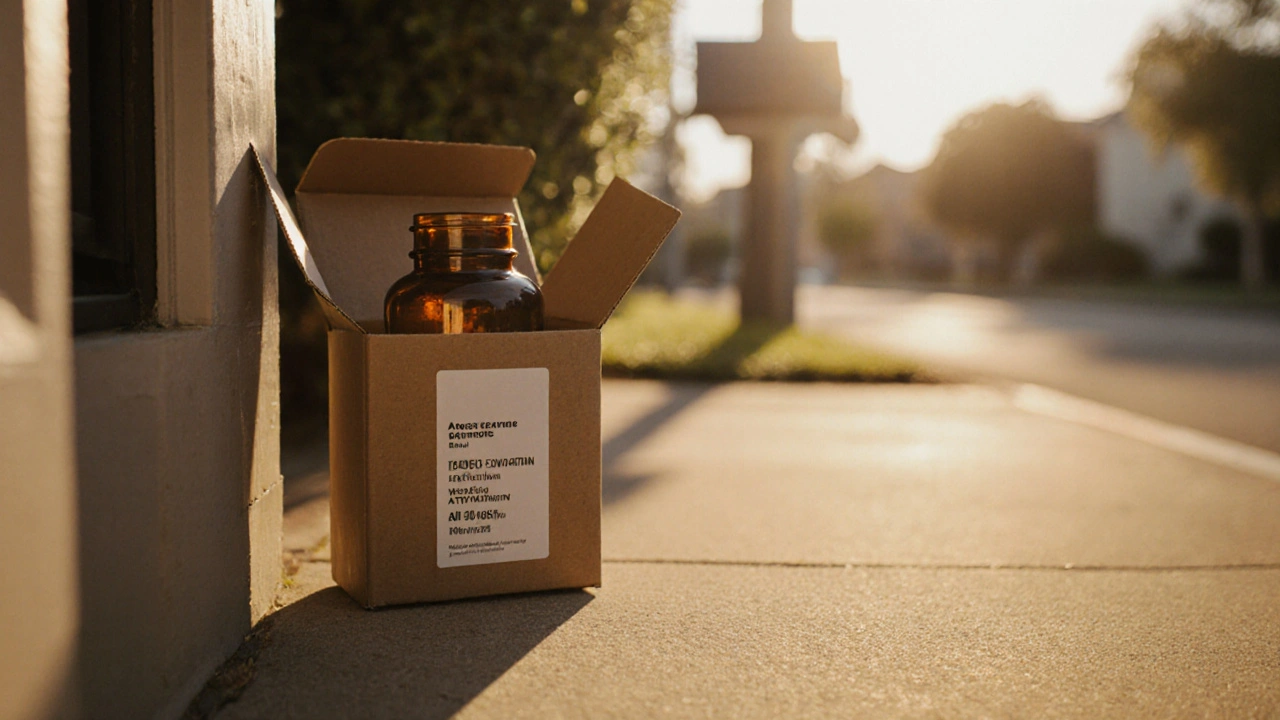 Discreet delivery box on a doorstep revealing an amber bottle of atorvastatin pills.