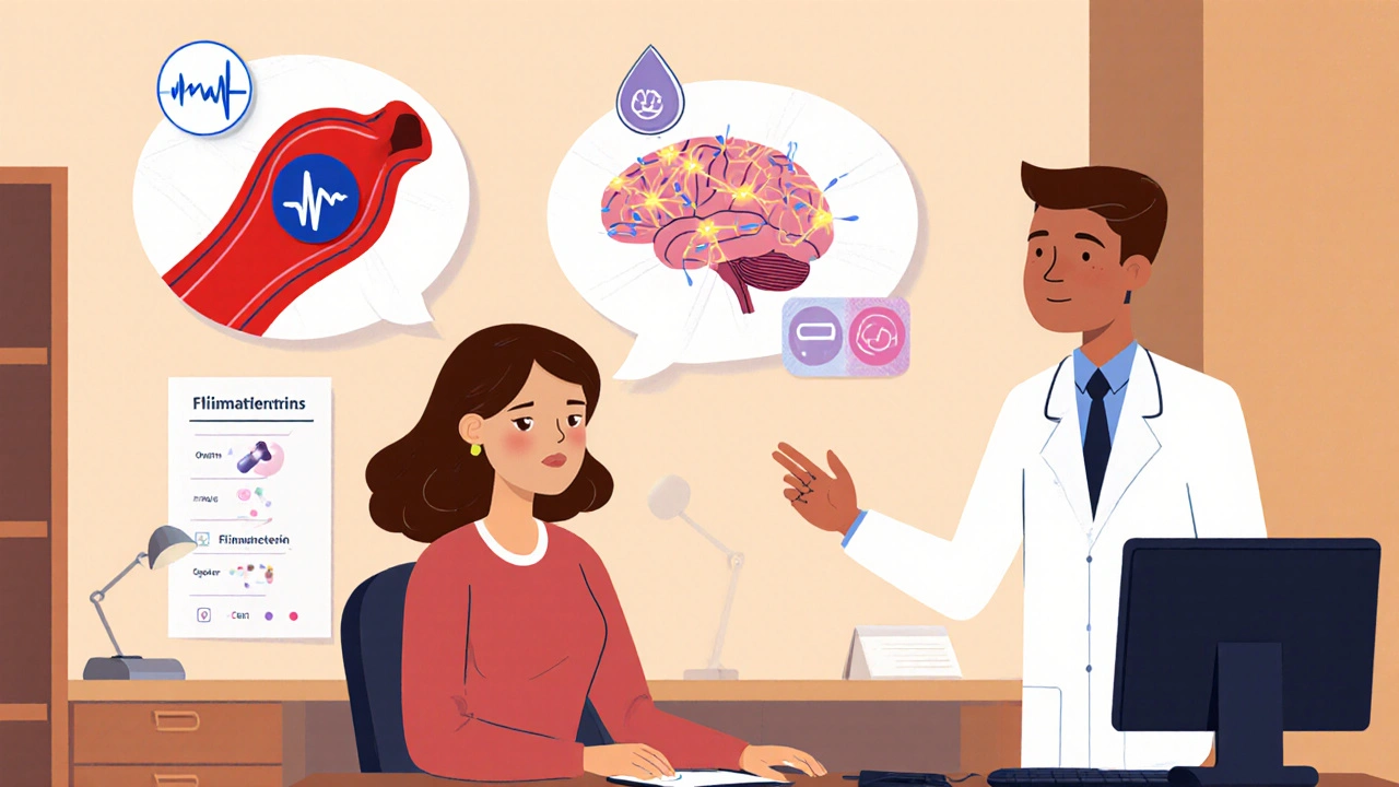 Doctor and female patient with floating diagrams of PDE5 drug, brain serotonin drug, and hormone therapy.