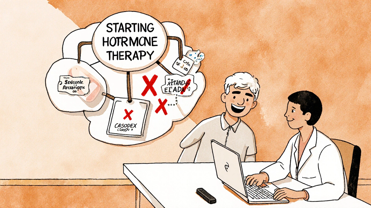 Doctor and patient at a table with a decision tree for prostate cancer hormone therapies.