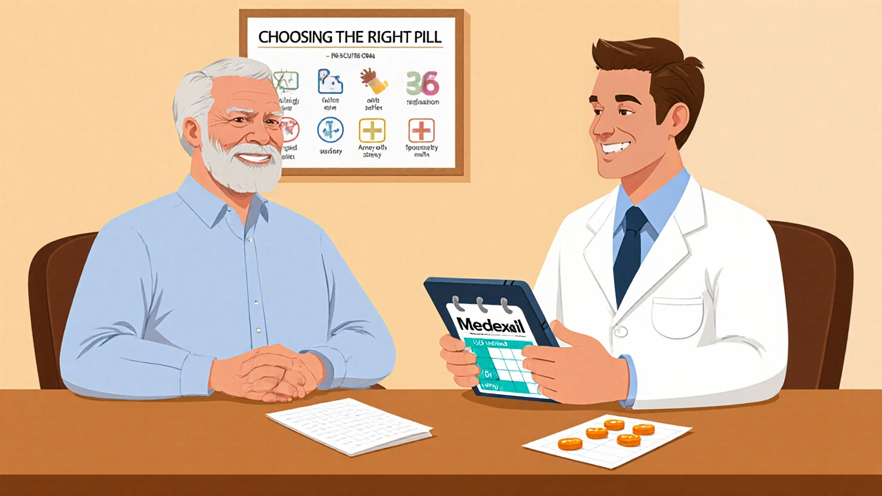 Doctor handing a prescription for Medexil to a patient, with a calendar indicating treatment windows.