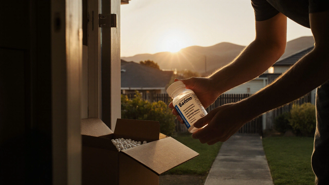 Doorstep parcel open, person inspecting Bactrim bottle under warm evening light.