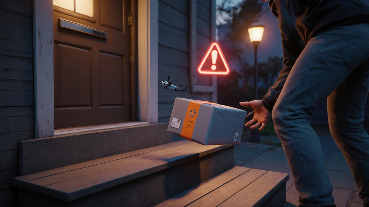 Drone delivering a sealed generic Celexa package to a doorstep with subtle warning highlights.
