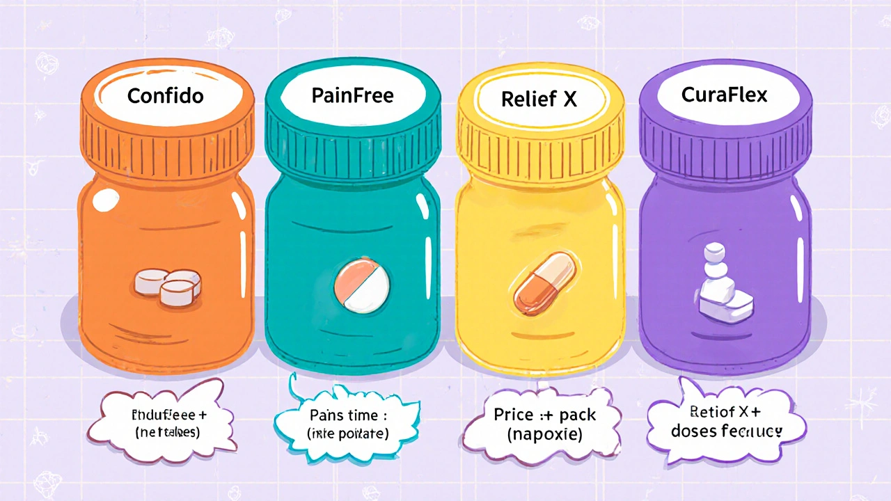 Editorial cartoon chart comparing Confido, PainFree, ReliefX, and CuraFlex with icons and key data.