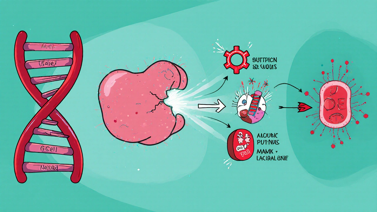 Editorial cartoon showing MEN1 mutation driving gastrinoma growth and acid signaling cascade.
