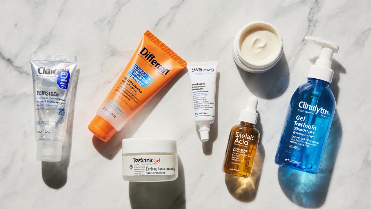 Flat lay of seven acne treatment products on marble countertop, varied colors and textures.