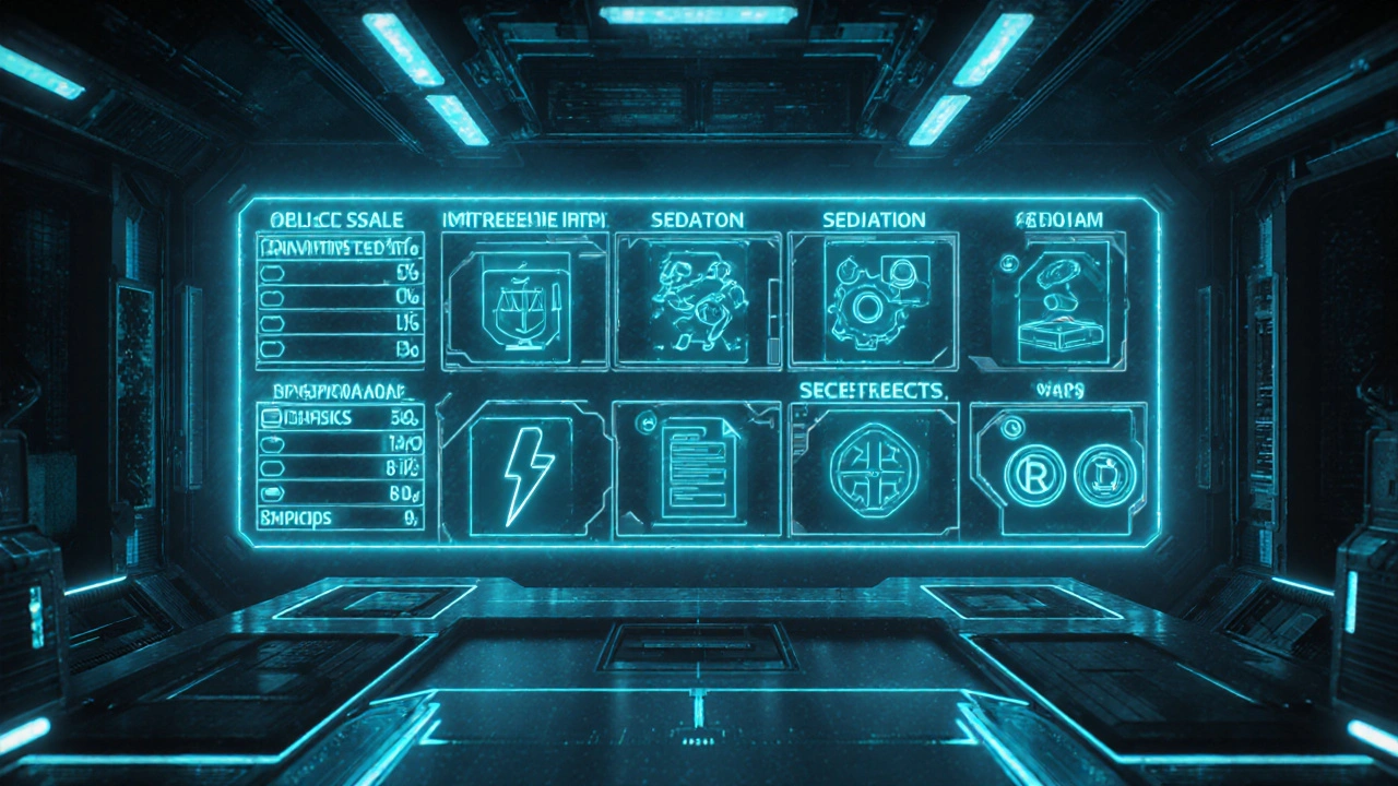 Futuristic holographic dashboard showing drug icons with symbols for metabolism, sedation, side effects, and price.