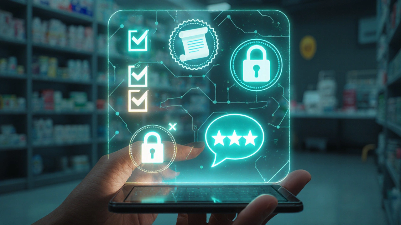 Holographic checklist with icons for license, prescription, and secure connection hovering over a tablet.