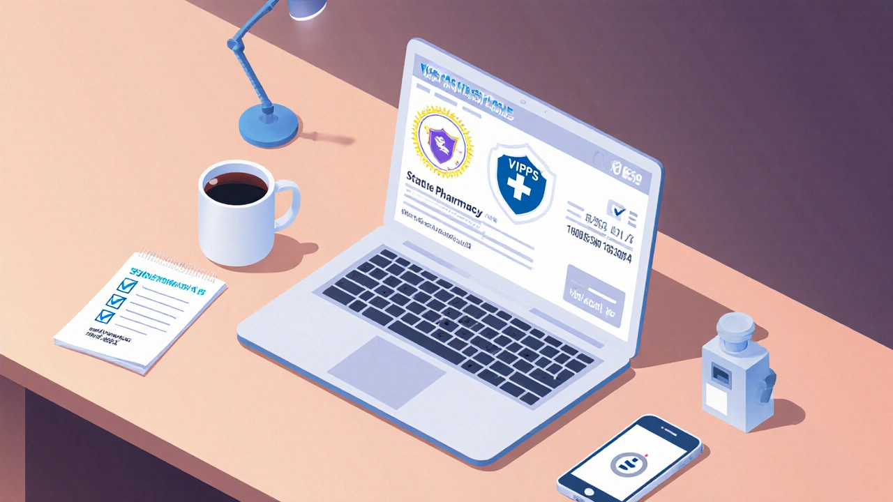 Isometric desk illustration showing verification icons and a checklist for online pharmacies.