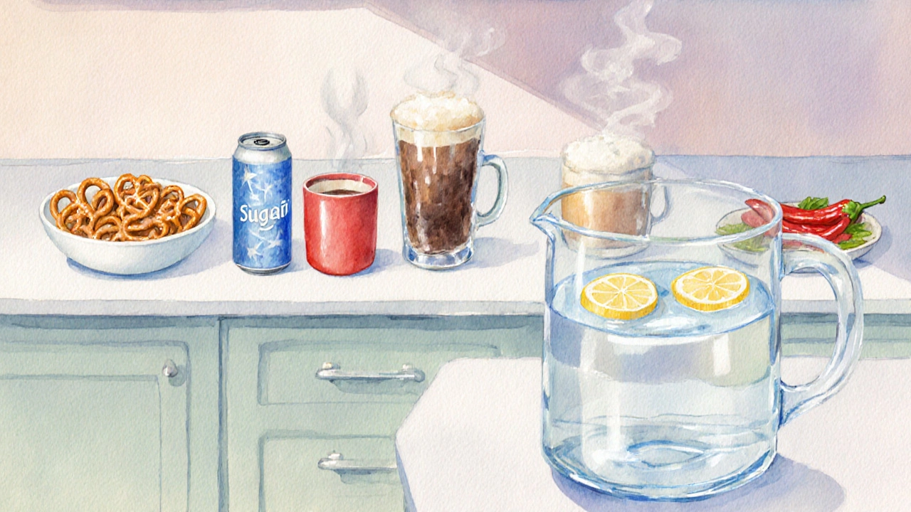 Kitchen counter displaying salty, sugary, caffeinated, alcoholic, and spicy foods beside a pitcher of water.