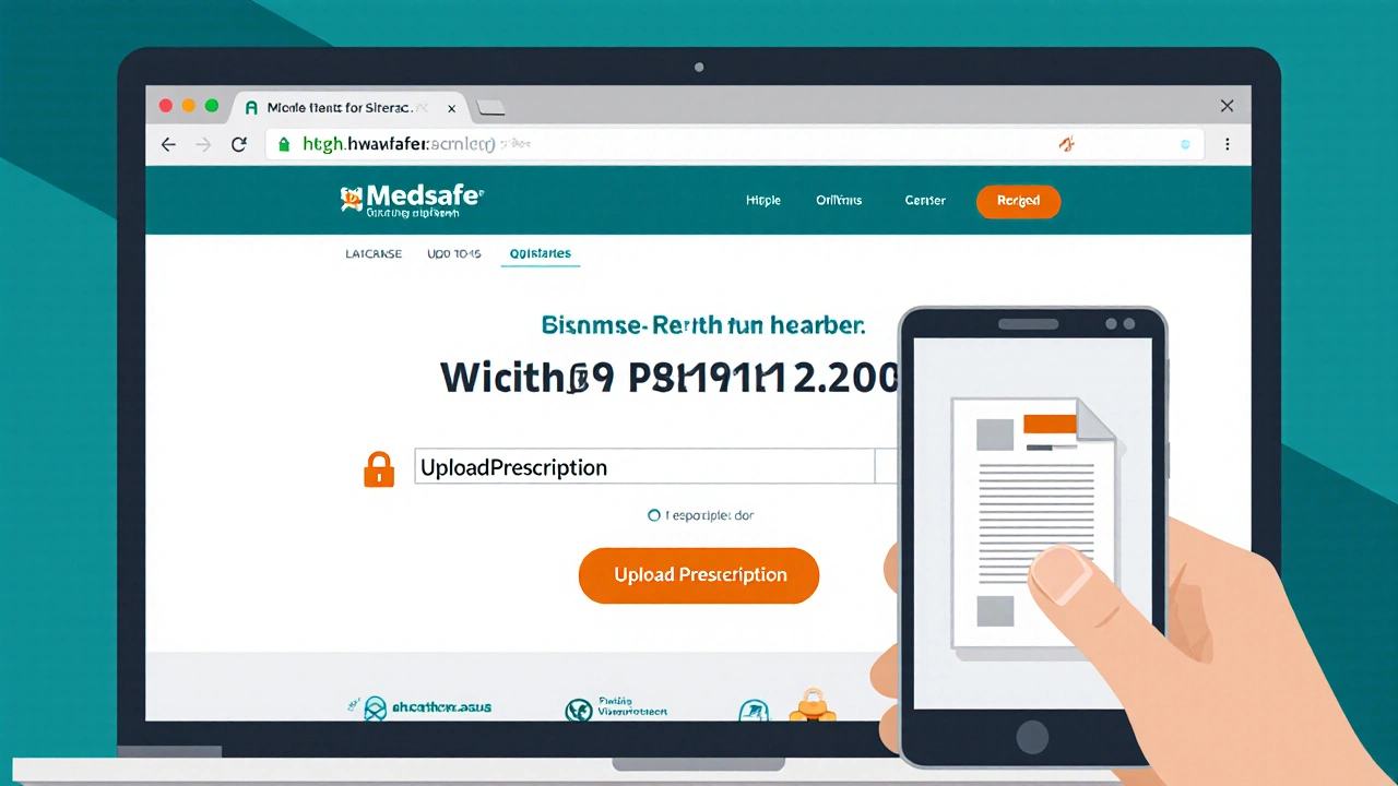 Laptop screen showing a licensed NZ pharmacy site with secure icons and prescription upload.