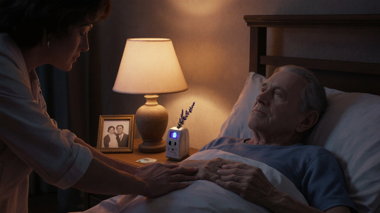 Late‑stage hospice room with caregiver hand, soft lamp, and gentle ambience.