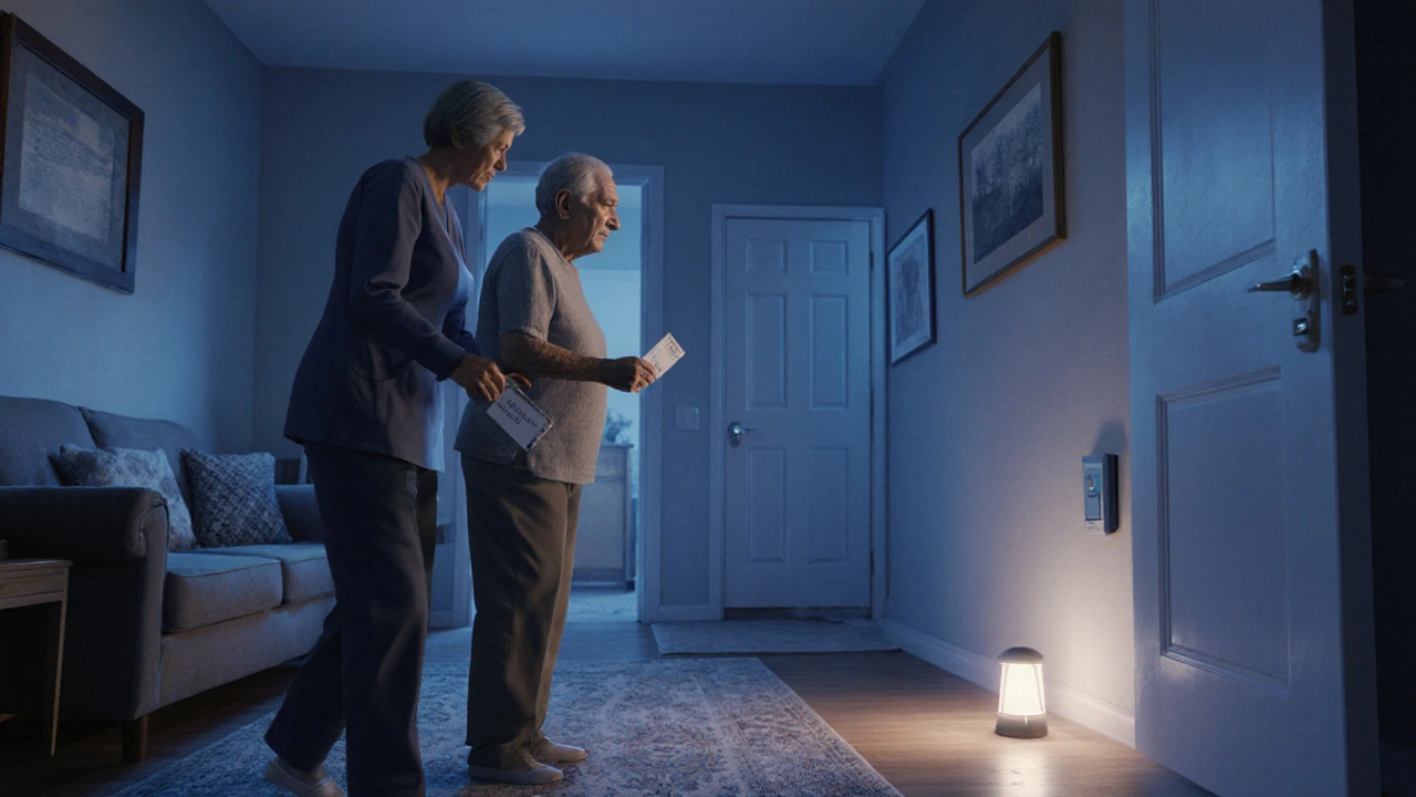 Middle‑stage patient with caregiver, safety cues, and night‑light evening scene.