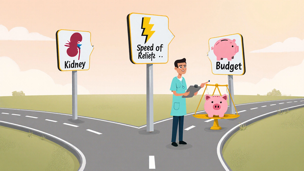Patient at a crossroads with icons for kidney health, speed, and cost guided by a doctor.