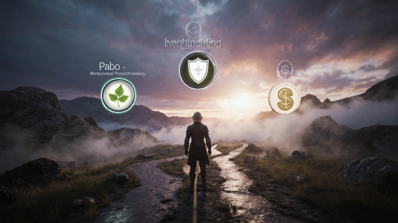 Patient avatar at a crossroads, each path highlighted by pill icons and symbols for weight, monitoring, and cost.