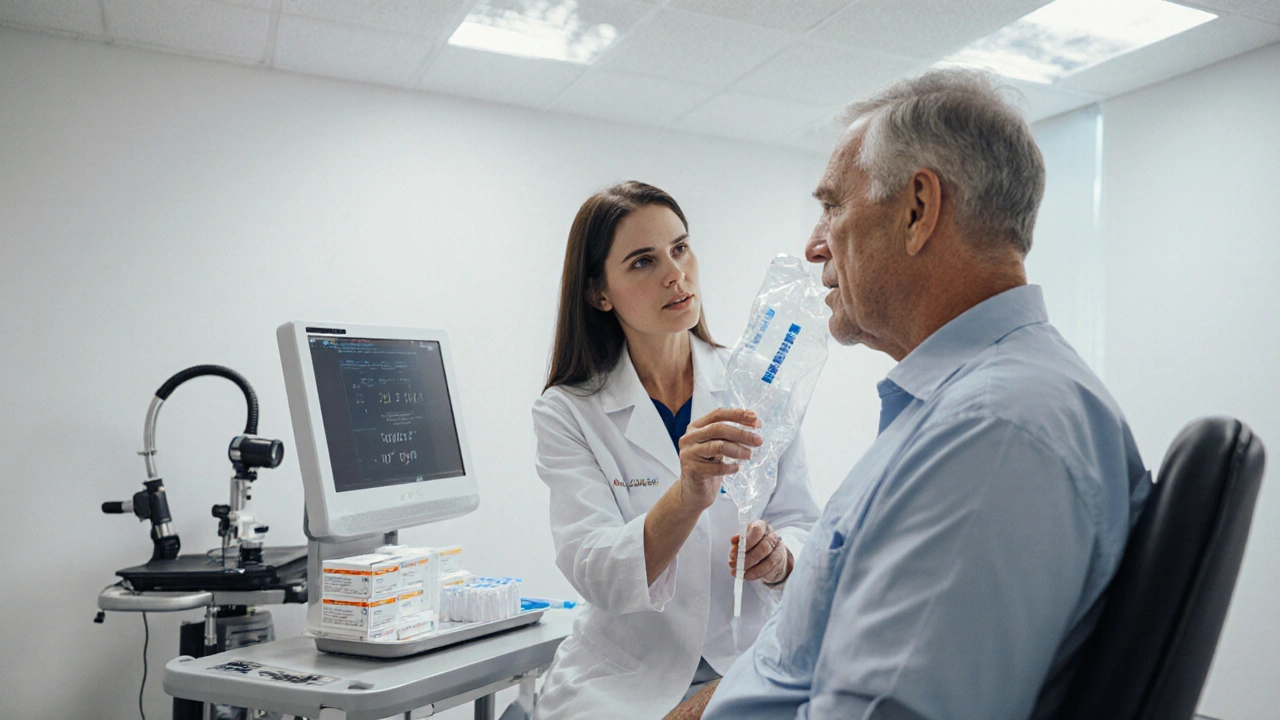 Patient exhaling into a urea breath test bag with medical equipment in the background.