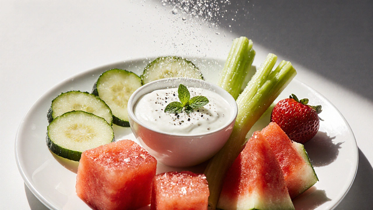 Plate of cucumber, watermelon, celery, strawberries, and yogurt with water droplets.
