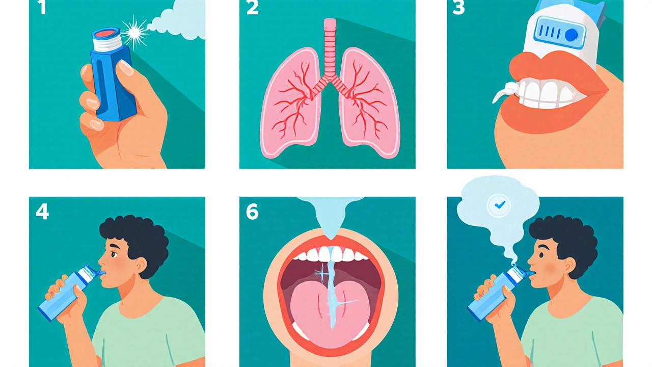 Six‑panel storyboard illustrating each step of proper inhaler technique.