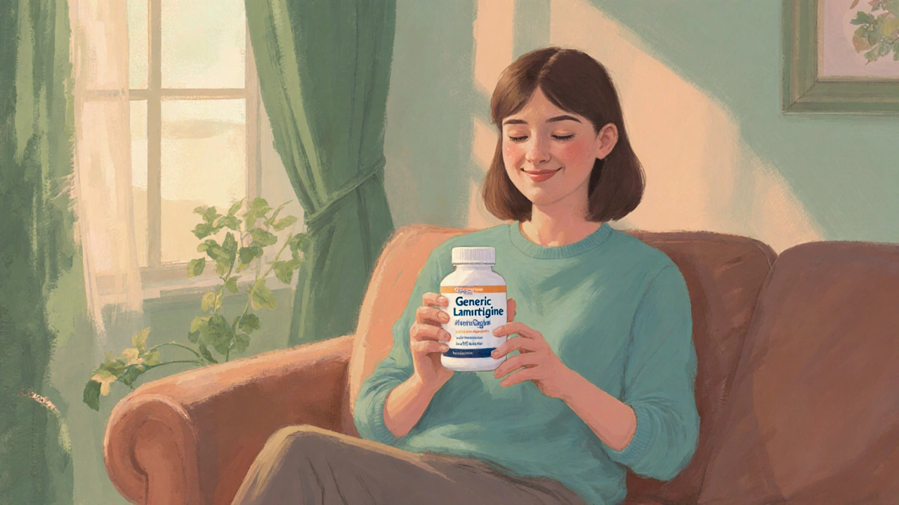 Smiling individual holding a lamotrigine bottle at home, feeling relieved.