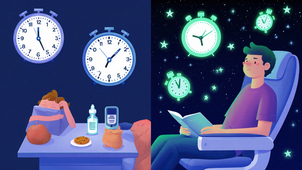Split scene: a person adjusting insulin doses for eastbound and westbound flights, with medical devices and time clocks illustrating dose changes.