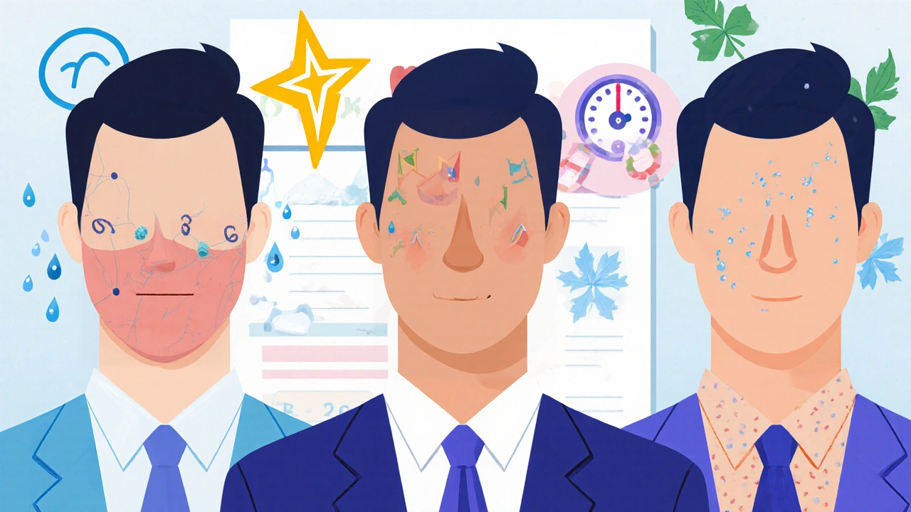 Three men with distinct side effect halos representing Casodex, Xtandi, and Erleada.