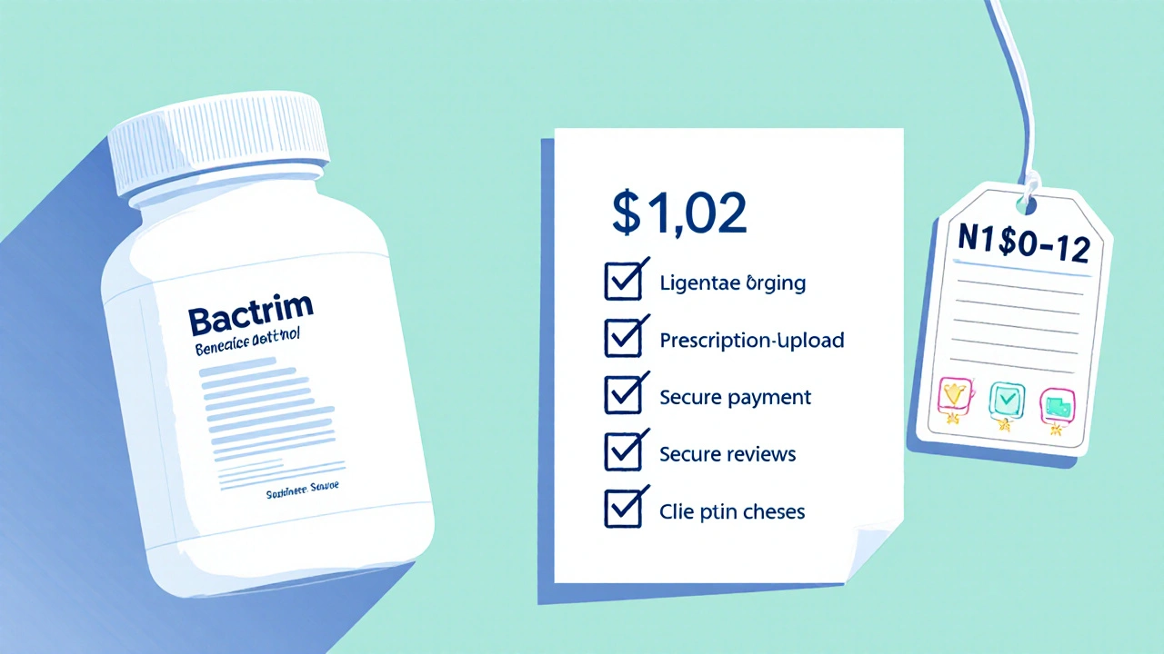 Top‑down desk view with Bactrim bottle, phone showing checklist icons, and price tag.
