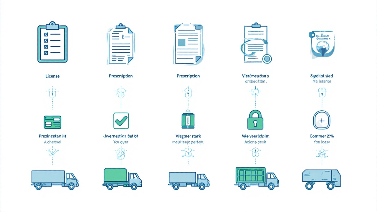 Vector checklist icons for license, prescription, payment, delivery, and sealed box.