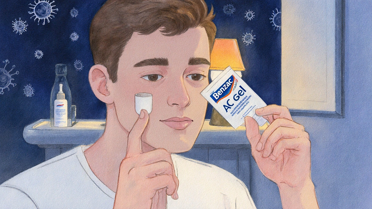 Watercolor illustration of person applying Benzac gel at night, with moisturizer and sunscreen nearby.