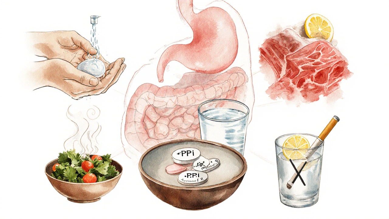 Watercolor of pills, hand washing, healthy food, and no‑smoking icons for H. pylori treatment.
