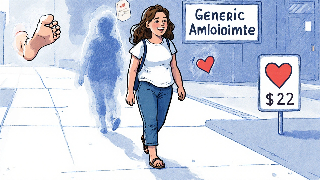 Woman walking barefoot happily, no ankle swelling, with a faded image of her past swollen ankles and a price tag showing cost difference.