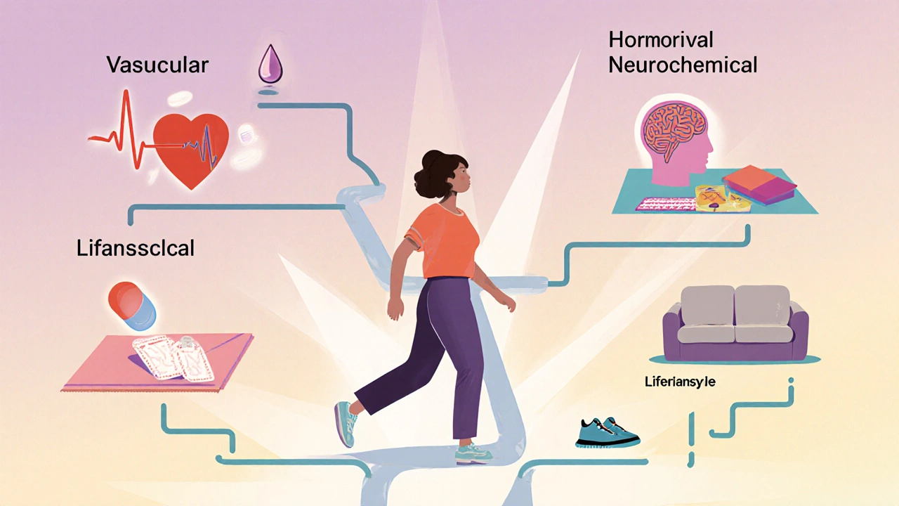 Woman walking down four paths labeled vascular, hormonal, neurochemical, and lifestyle with related icons.