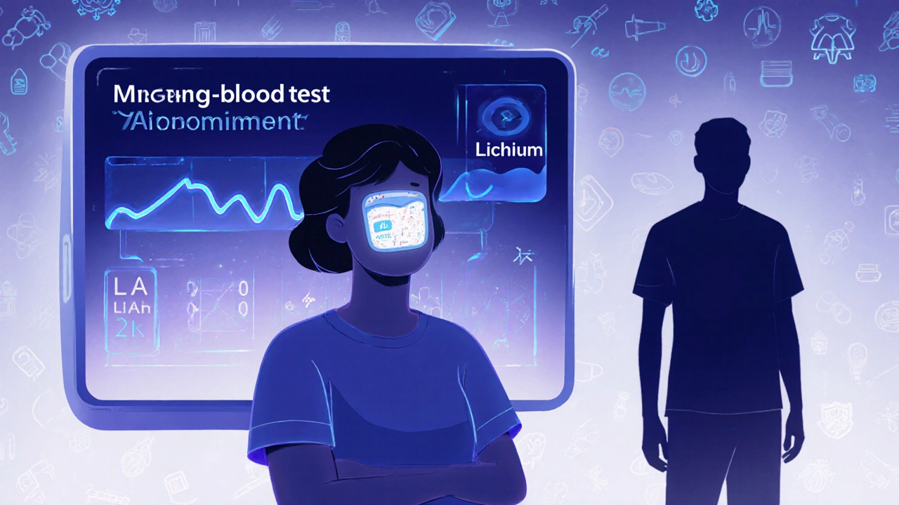 A patient with a glowing wearable monitor tracking NTI drug levels, while a missed appointment fades in the background.