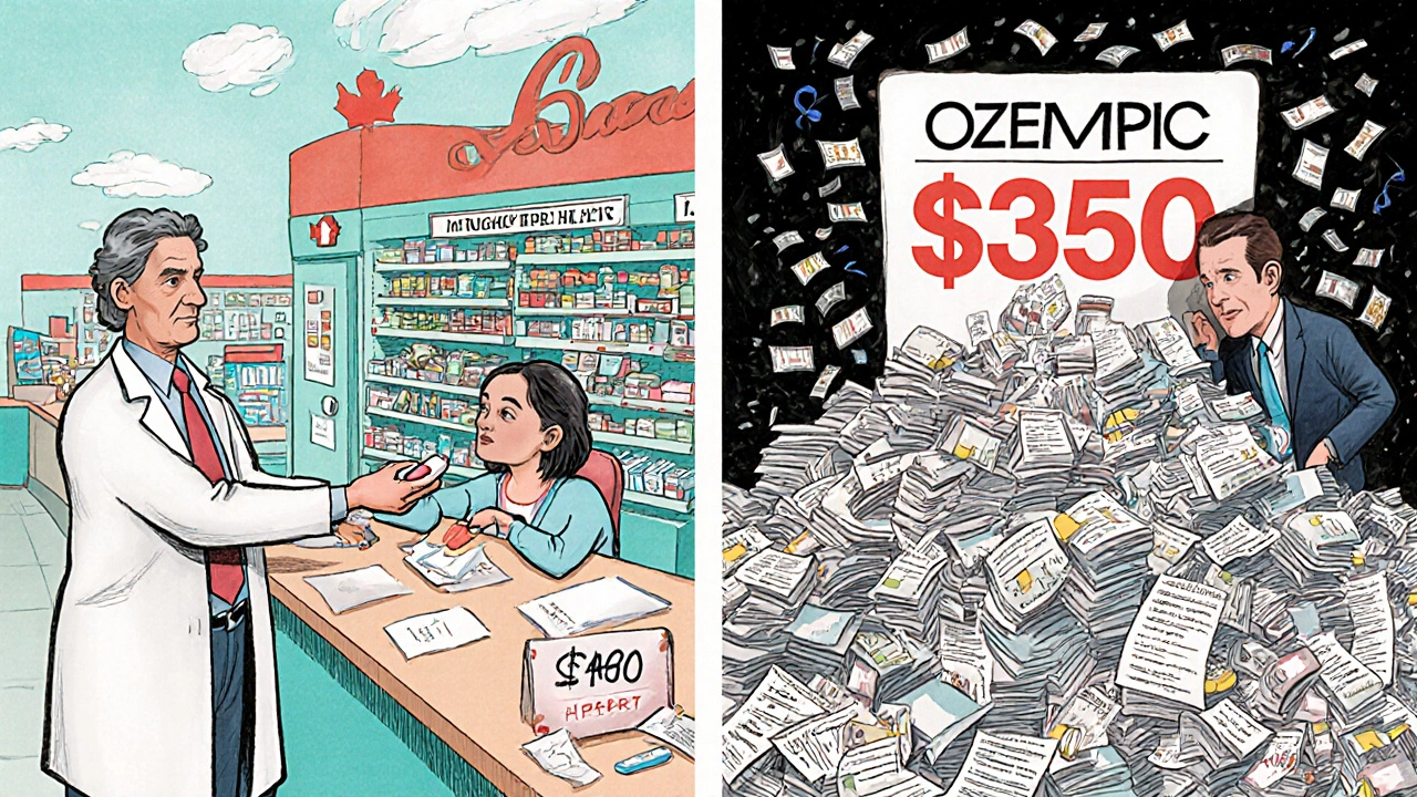 A peaceful Canadian pharmacy contrasts with a chaotic U.S. one, where a patient is buried under bills and insurance forms.