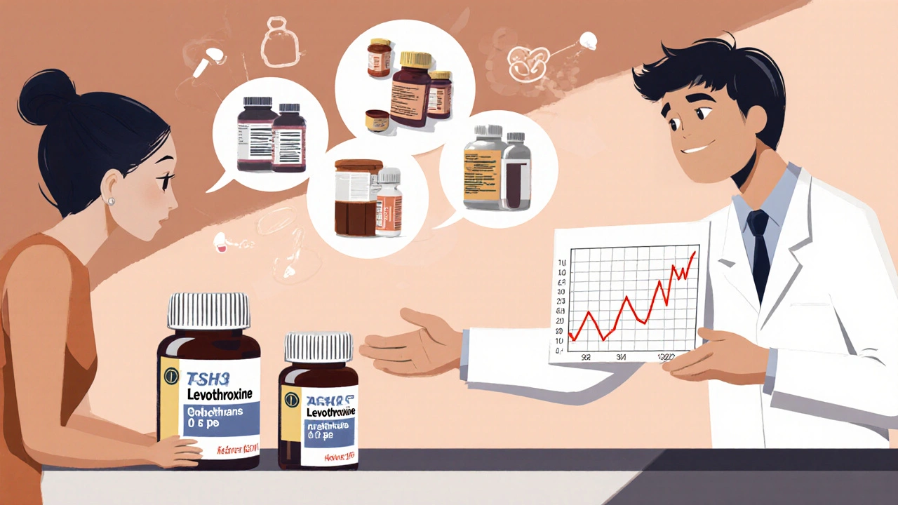 A pharmacist hesitating to give two different levothyroxine brands to a patient with a spiked TSH chart.