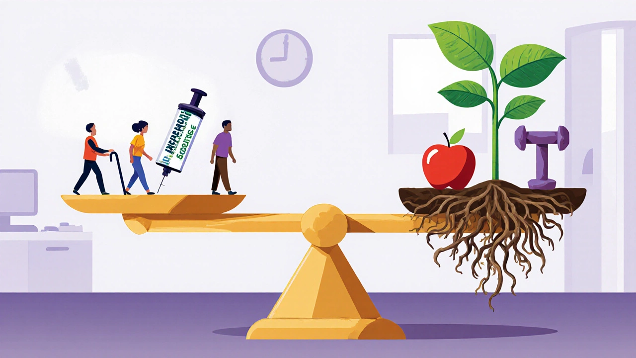 A scale balancing steroid injections against lifestyle alternatives like physical therapy and weight loss.