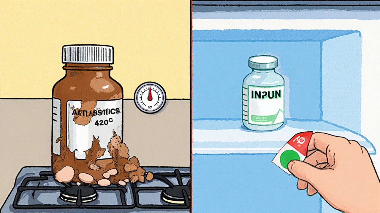 Antibiotics degrading near a hot stove, while insulin is safely stored in the fridge’s center.