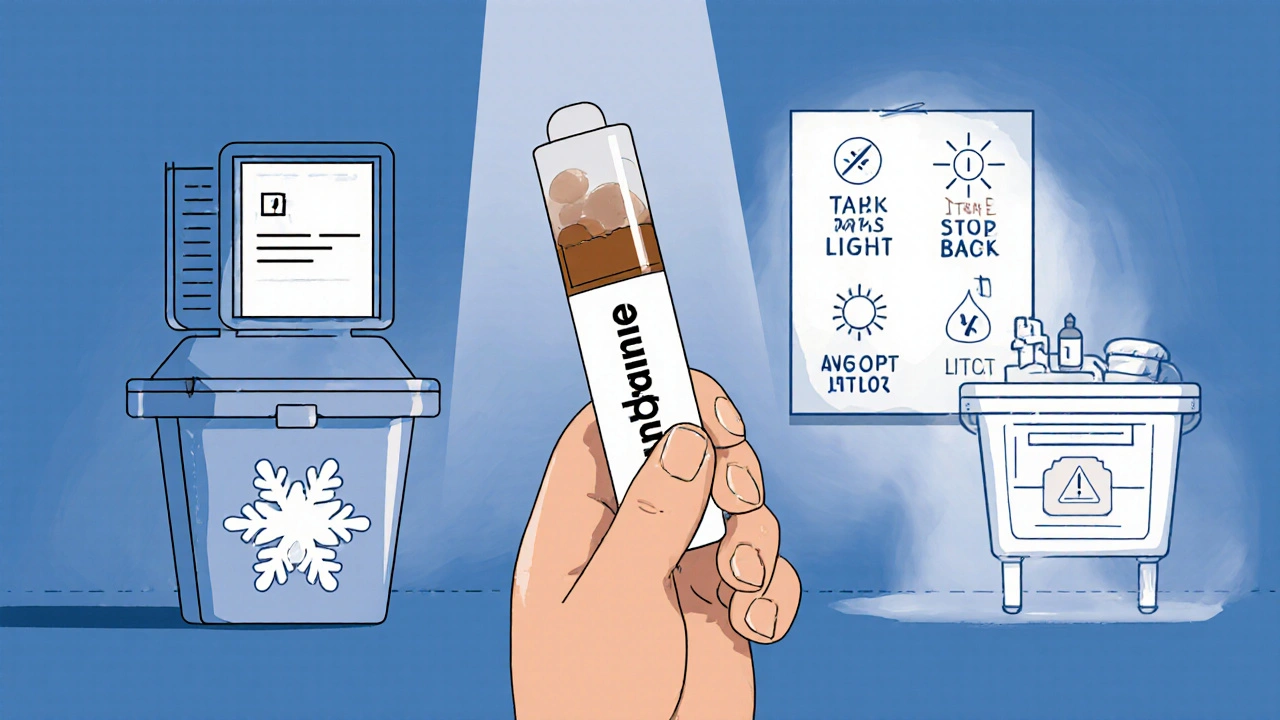 Cloudy EpiPen next to a smart pillbox alert, with medication storage icons displayed on a wall chart.