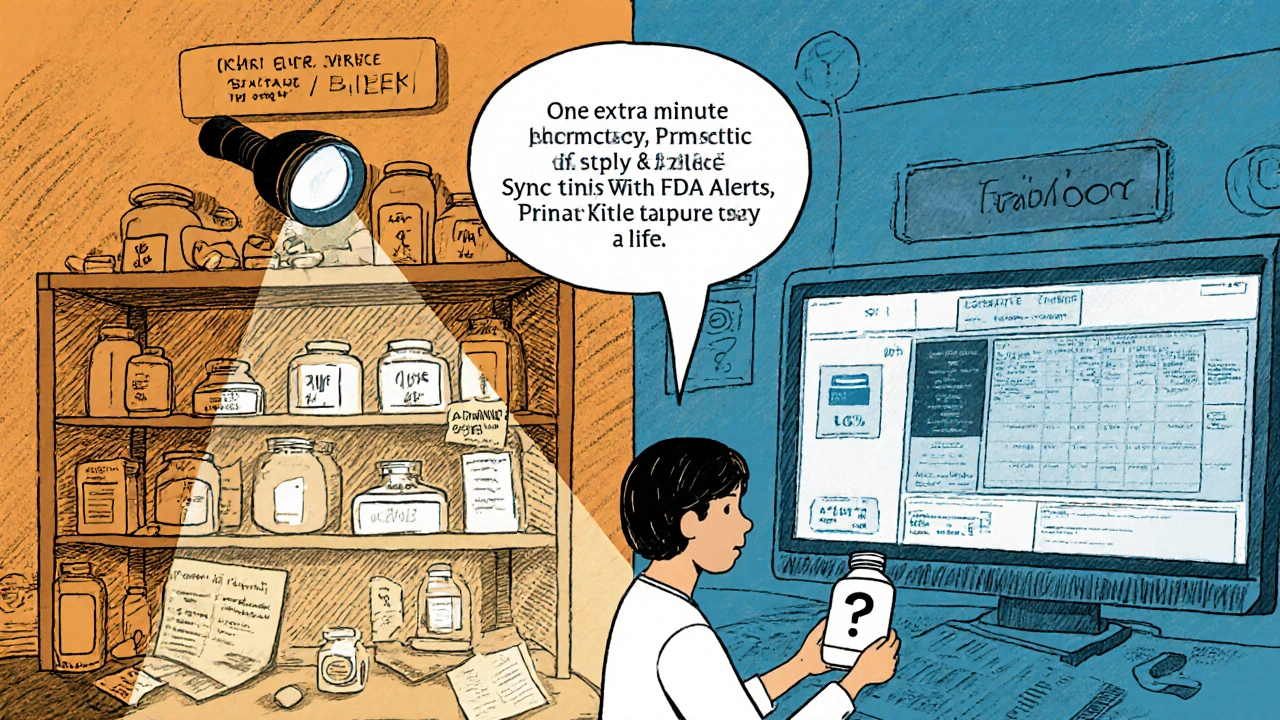 Contrast between a disorganized small pharmacy and a high-tech chain pharmacy managing medication expirations.
