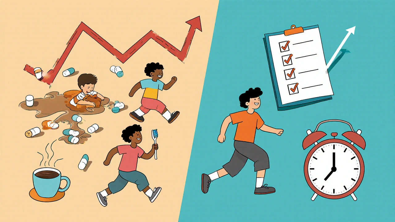 Contrasting chaotic morning vs. organized routine for thyroid medication absorption.