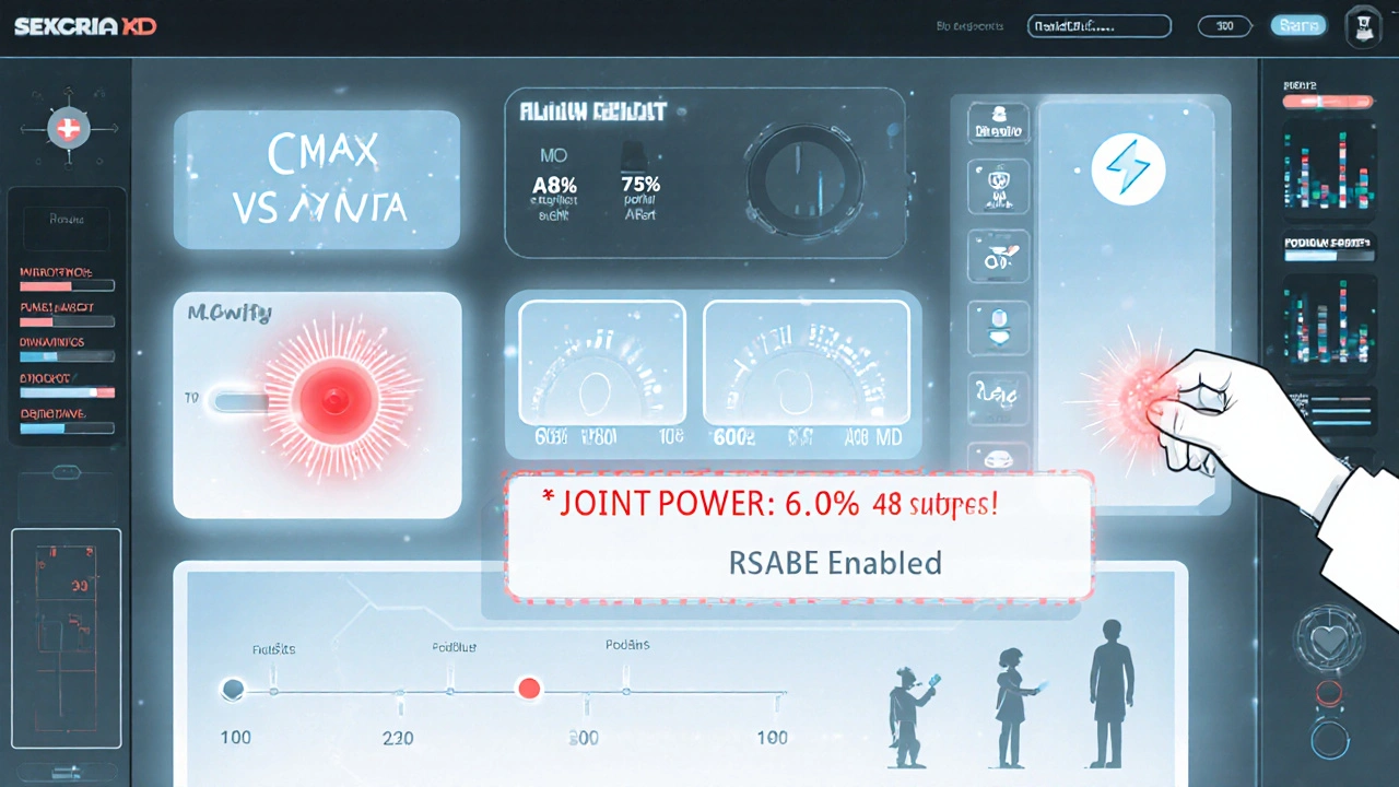 Dashboard showing low joint power for Cmax and AUC, with RSABE activated as variability increases.