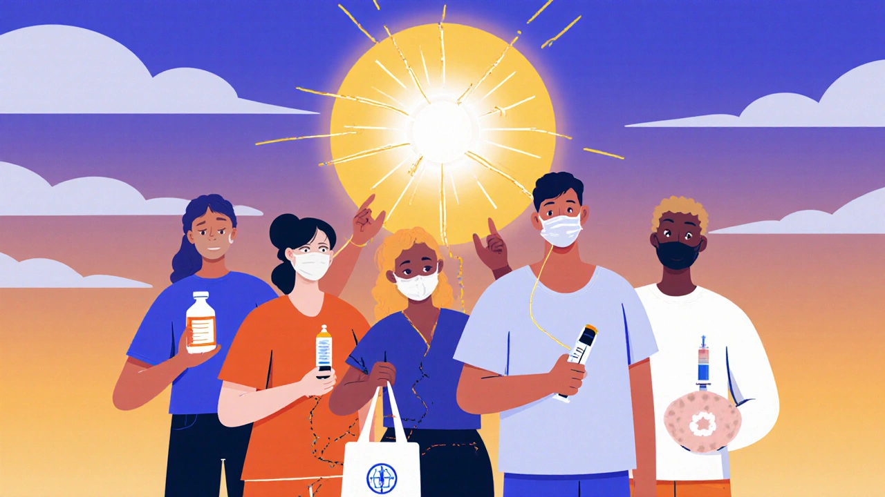 Diverse group of MG patients holding treatment tools, forming a light chain to a restored neuromuscular junction.