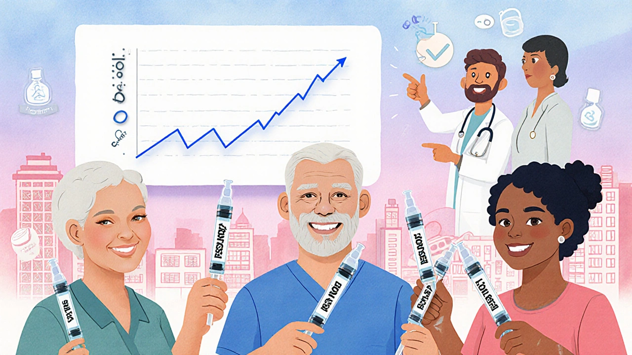 Diverse patients using biosimilar injections with smiling faces, supported by medical professionals and falling cost graphs.