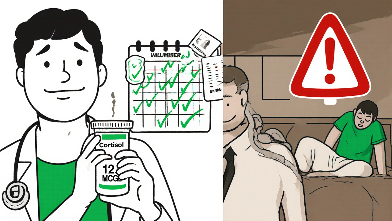 Doctor holding a low cortisol blood test next to two paths: safe taper vs. adrenal crisis in ER.
